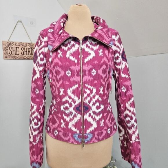 Lafayette 148 cotton pink white Ikat print full zip up Drawstring collar jacket - Picture 1 of 12